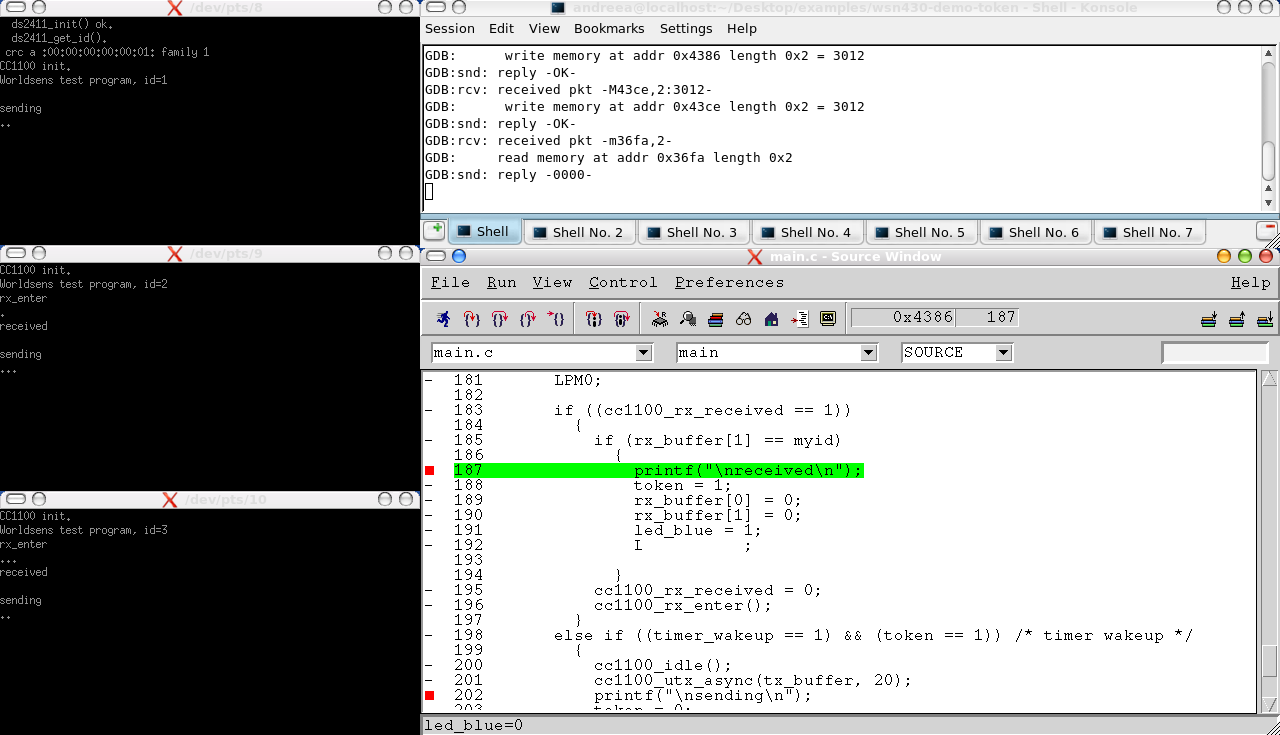 Snapshot of the debugging of the token passing example