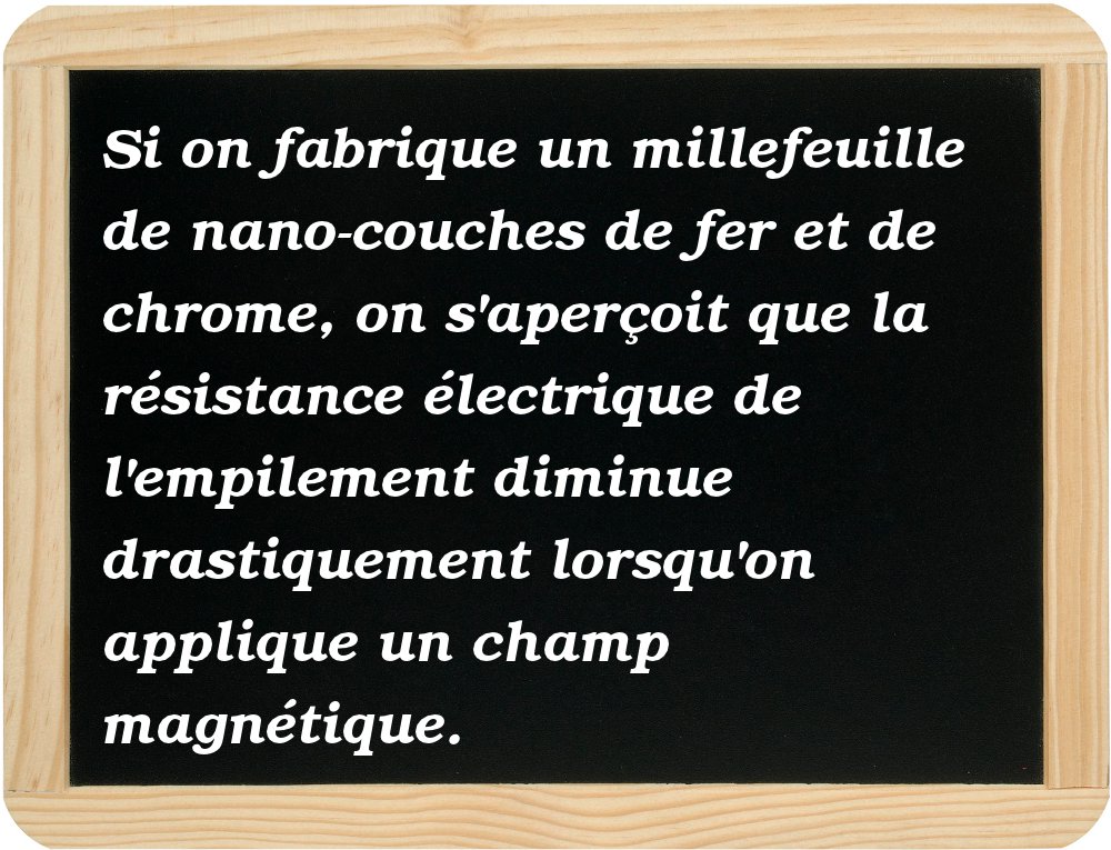  Si on fabrique un millefeuille de nano-couches de fer et de chrome, on s'aperçoit que la résistance électrique de l'empilement
diminue drastiquement lorsqu'on applique un champ magnétique. 