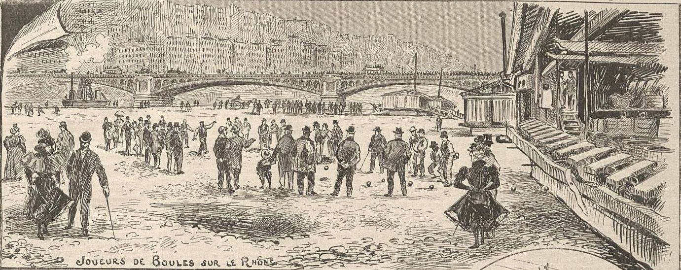 Gravure illustrant l'occupation du lit du Rhône par les riverains, à la faveur de sa baisse (Le Progrès Illustré, 28 novembre 1897)